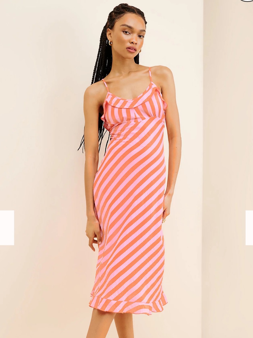 Rolla's Shelley Midi Dress in a coral & pink striped colorway ruffle xs like new